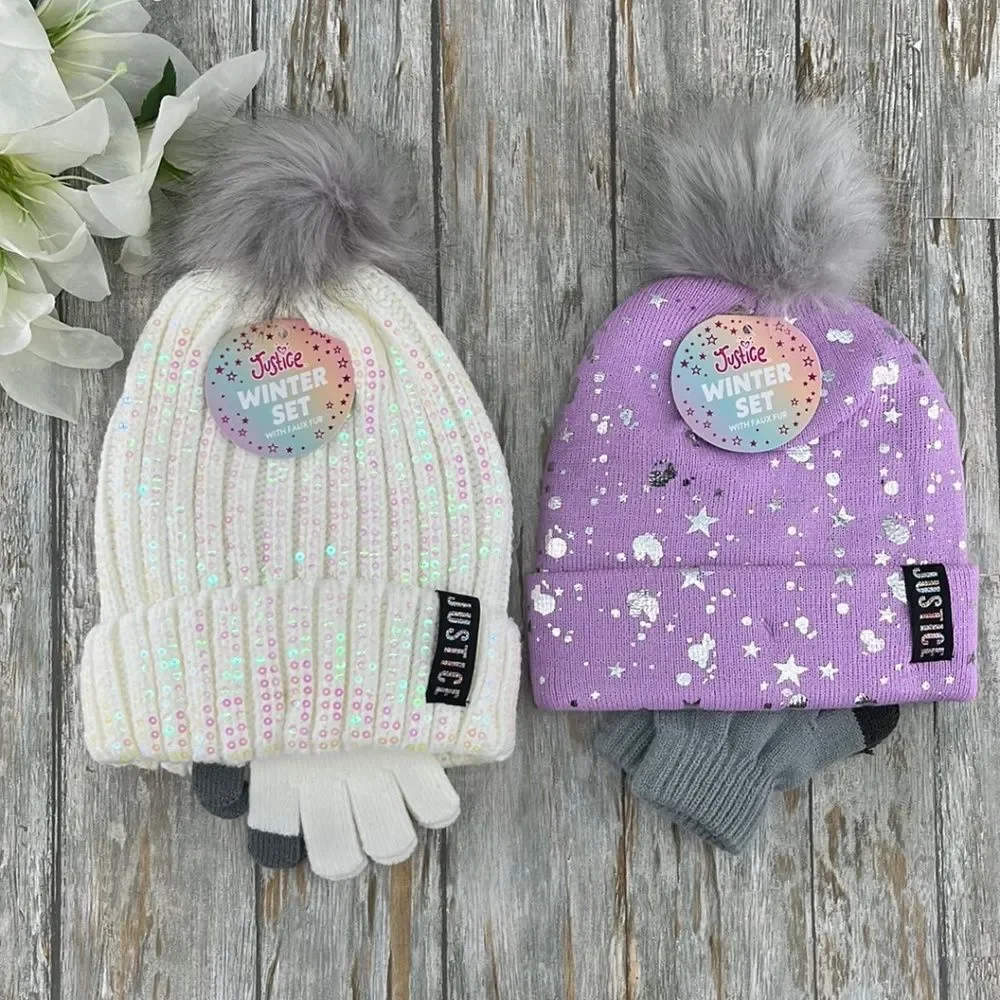 Girls Justice Ribbed & Full Print Winter Cozy Beanie and Gloves 2, 2-Piece Sets